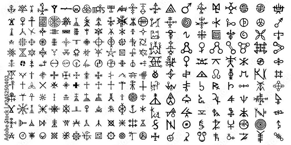 Big set of esoteric symbol design elements. Imaginary handwritten alchemy signs, space, spirituality, inspired by mysticism, freemasonry, astrology. Vector . - obrazy, fototapety, plakaty 