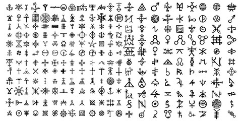 big set of esoteric symbol design elements. imaginary handwritten alchemy signs, space, spirituality