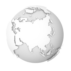 Sticker - Earth globe. 3D world map with white lands dropping shadows on light grey seas and oceans. Vector illustration