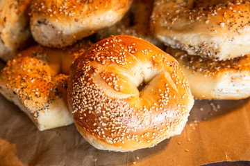 Assortment of authentic fresh baked New York style bagels with seeds