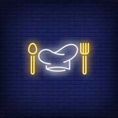 Chief cook hat, fork and spoon neon sign. Cooking, catering service, restaurant advertising design. Night bright neon sign, colorful billboard, light banner. Vector illustration in neon style.