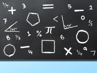 Black board with math symbols and shapes written in chalk