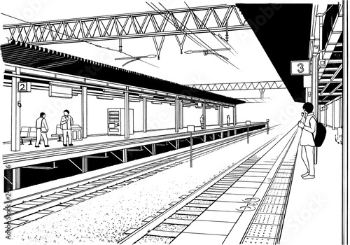 漫画風ペン画イラスト 駅 ホーム Ilustracion De Stock Adobe Stock