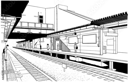 漫画風ペン画イラスト 駅 ホーム Stock イラスト Adobe Stock