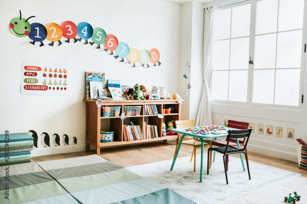Classroom of kindergarten interior design - obrazy, fototapety, plakaty 