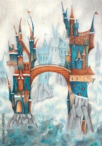 Magical House Castle City On The Rocks In The Fog Colour Pencils Hand Drawing Illustration Stock Illustration Adobe Stock