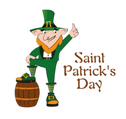 Leprechaun vector on a barrel. Happy Saint Patrick's Day celebration. Desing greeting card.