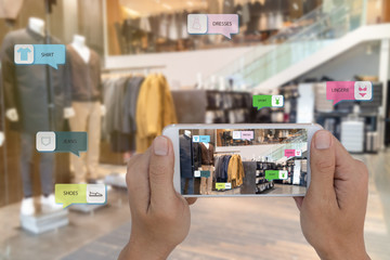 internet of things marketing concepts,smart augmented reality,customer hold the mobile phone to see  the product that search by ai application with hot deal,promotion code, where Clothing department