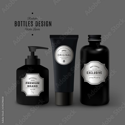 Download Dark Realistic Cosmetic Bottles Set Product Packaging Design With Vintage Labels Black Plastic Container Mockup Stock Vector Adobe Stock