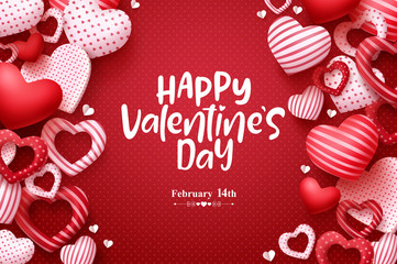 Wall Mural - Valentines day vector greeting card. Happy valentines day text with hearts elements in red pattern background. Vector illustration.