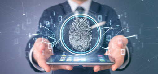 Businessman holding a Digital fingerprint identification and binary code 3d rendering