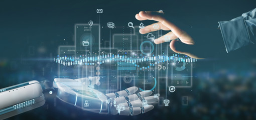 cyborg hand holding user interface screens with icon, stats and data 3d rendering