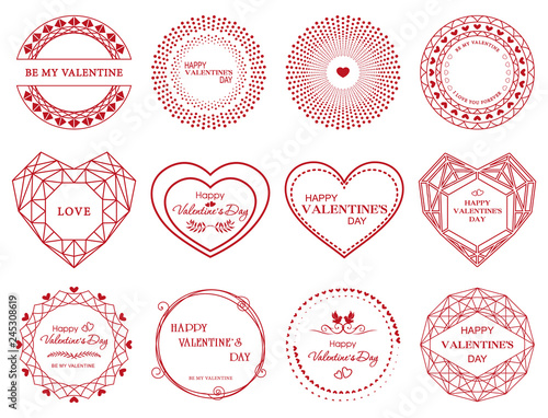 Frames with greeting phrases for Valentine's Day. Heart shape frames and roun...