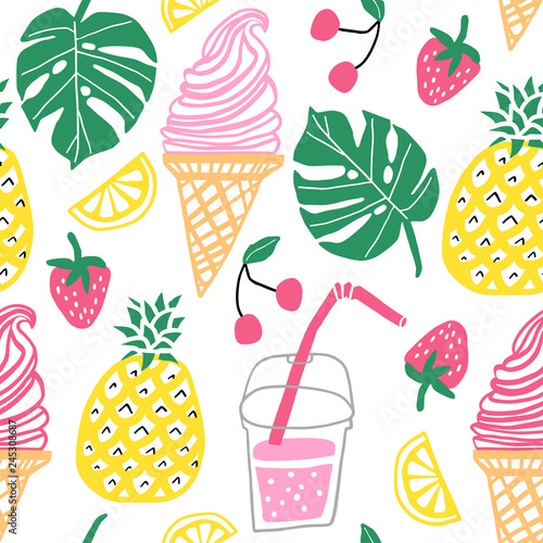 Photo Summer vector seamless pattern. Line cute doodle