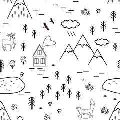 Hand drawn scandinavian landscape with animals, trees, lake, and mountains, seamless pattern. Scandinavian style traditional motifs. Vector