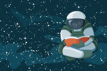 Wall Mural - Floating astronaut reading a book in the open space, concept of poster