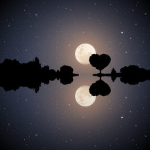 Romantic Landscape On Moonlit Night. Vector Illustration With Silhouette Of Tree In Shape Of Heart. Full Moon In Starry Sky