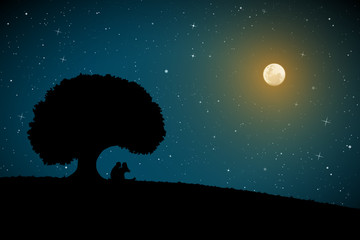 Sticker - Lovers under tree on moonlit night. Vector illustration with silhouette of loving couple. Full moon in starry sky