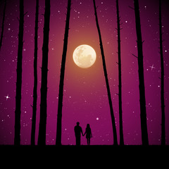 Sticker - Lovers in forest on moonlit night. Vector illustration with silhouette of loving couple. Full moon in starry sky