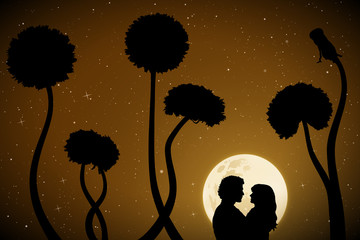 Sticker - Lovers and dandelions on moonlit night. Vector illustration with silhouette of loving couple. Full moon in starry sky.