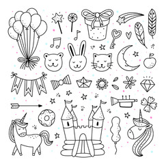 Wall Mural - Baby shower vector set. Children's party hand drawn vector illustrations with toys, gifts, unicorns and animals