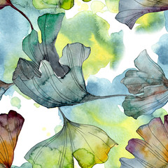 Ginkgo biloba leaf plant botanical garden floral foliage. Watercolor illustration set. Seamless background pattern.