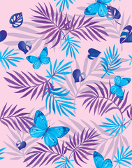   Watercolor pattern in neon color with blue butterflies and purple tropical leaves.