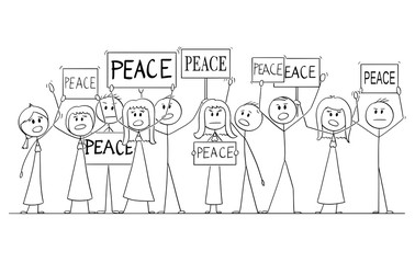 Wall Mural - Cartoon stick figure drawing or illustration of group or crowd of protesters demonstrating with Peace text on signs.