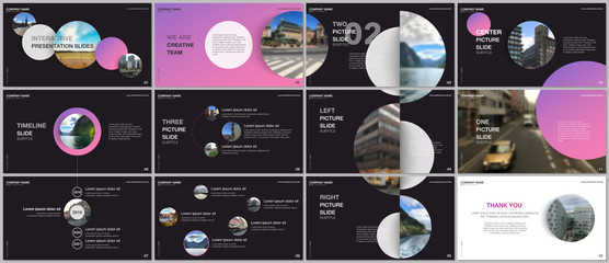 Wall Mural - Minimal presentations design, portfolio vector templates with pink colorful circle elements on black background. Multipurpose template for presentation slide, flyer leaflet, brochure cover, report.