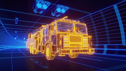 Wall Mural - Yellow wireframe Fire Truck rides through Blue tunnel 3d rendering