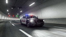 Police Car Rides Through Tunnel 3d Rendering