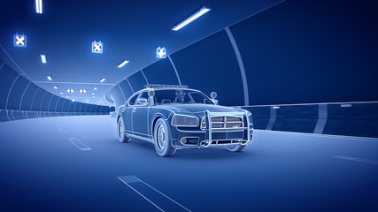 Wall Mural - Police car rides through tunnel 3d rendering