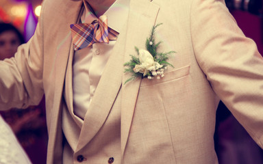 Wall Mural - elegant groom in fashionable beige suit,  nice bow tie and the boutonniere placed on the left side of his chest. Vintage outfit.
