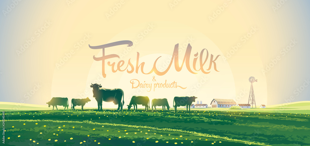 Summer rural landscape with a herd of cows and a farm, against the dawn ...