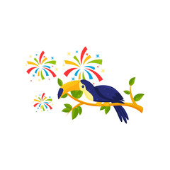 Canvas Print - Flat vector icon of toucan sitting on tree branch and festive salutes. Tropical bird. Brazilian carnival theme