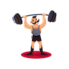 Canvas Print - Circus strong man holding heavy barbell over his head. Guy with black mustaches. Cartoon vector design