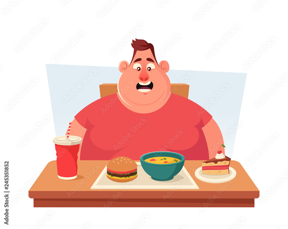 Funny Cartoon Character. Fat Man Sitting at the Table with a Lot of Tasty  Food. Vector Illustration Stock Vector | Adobe Stock, image size:1000x793