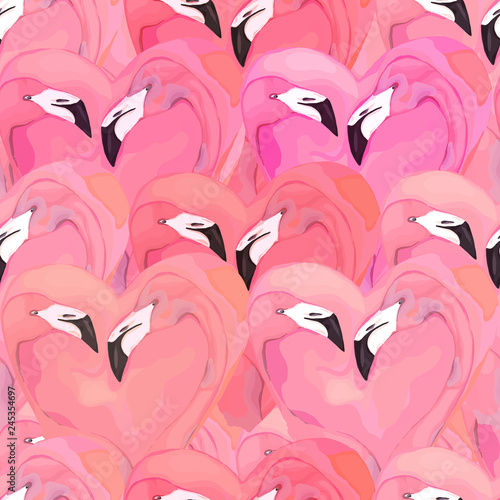 Seamless pattern with watercolor pink flamingo couple in the shape of a heart...