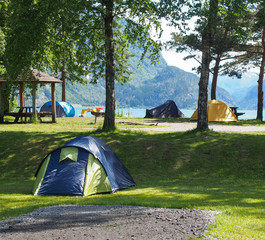 Camping among trees at the coast of mountain lake in the sunny day