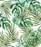 Fototapeta Sypialnia - Palm leaves pattern Vector watercolor. Tropic exotic texture. Wild green decors
