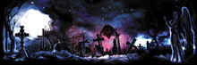 Banner With Enchanted Old Cemetery / Background With A Graveyard And A Praying Angel Illuminated With A Magic Light From A Mysterious Portal. Also The Moon, Sparkles Or Snow