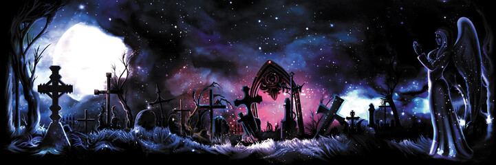 Wall Mural - banner with enchanted old cemetery / background with a graveyard and a praying angel illuminated wit