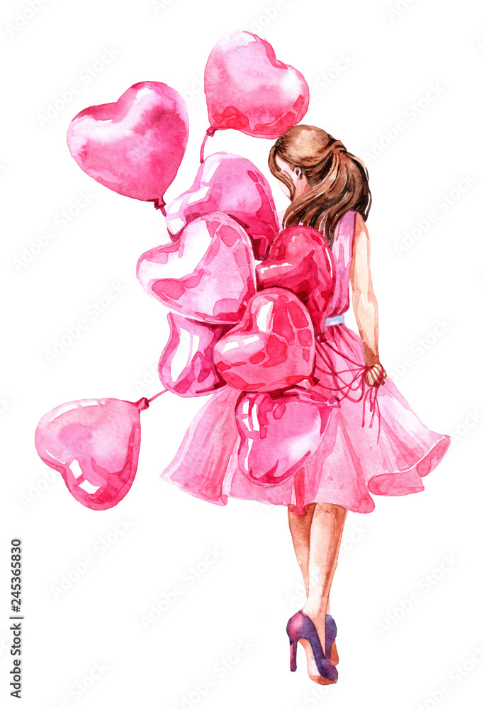 Watercolor illustration of girl with a balloon. Elements for Valentine ...