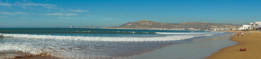 Wall Mural - Morocco Agadir December 10th 2018 - Panoramic photo of main beach and pedestrian walkway promenade in Agadir from Southern End