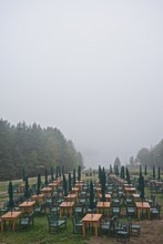 Acadia National Park, Maine, USA: A Thick Mist Descends Over Rows Of Outdoor Tables And Chairs At The Jordan Pond House.