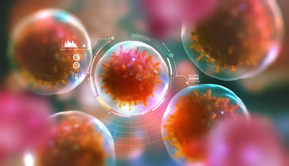 Modern research in microbiology. Study of viruses, microbes and bacteria. 3D illustration on the topic of future medicine