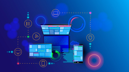 Creation responsive internet website for multiple platforms. Building mobile interface on screen of laptop, tablet, smartphone. Layout content on display devices. Conceptual banner of web technology.