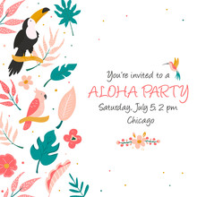 Cocktail Invitation With Flowers, Birds And Palm Leaves.