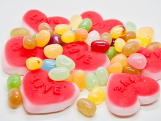 Colorful and lovely collection of sweet jelly(jelly bean, heart shaped jelly, sunny side up egg shaped jelly)