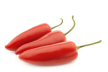 Three Red Jalapeno Peppers On A White Background